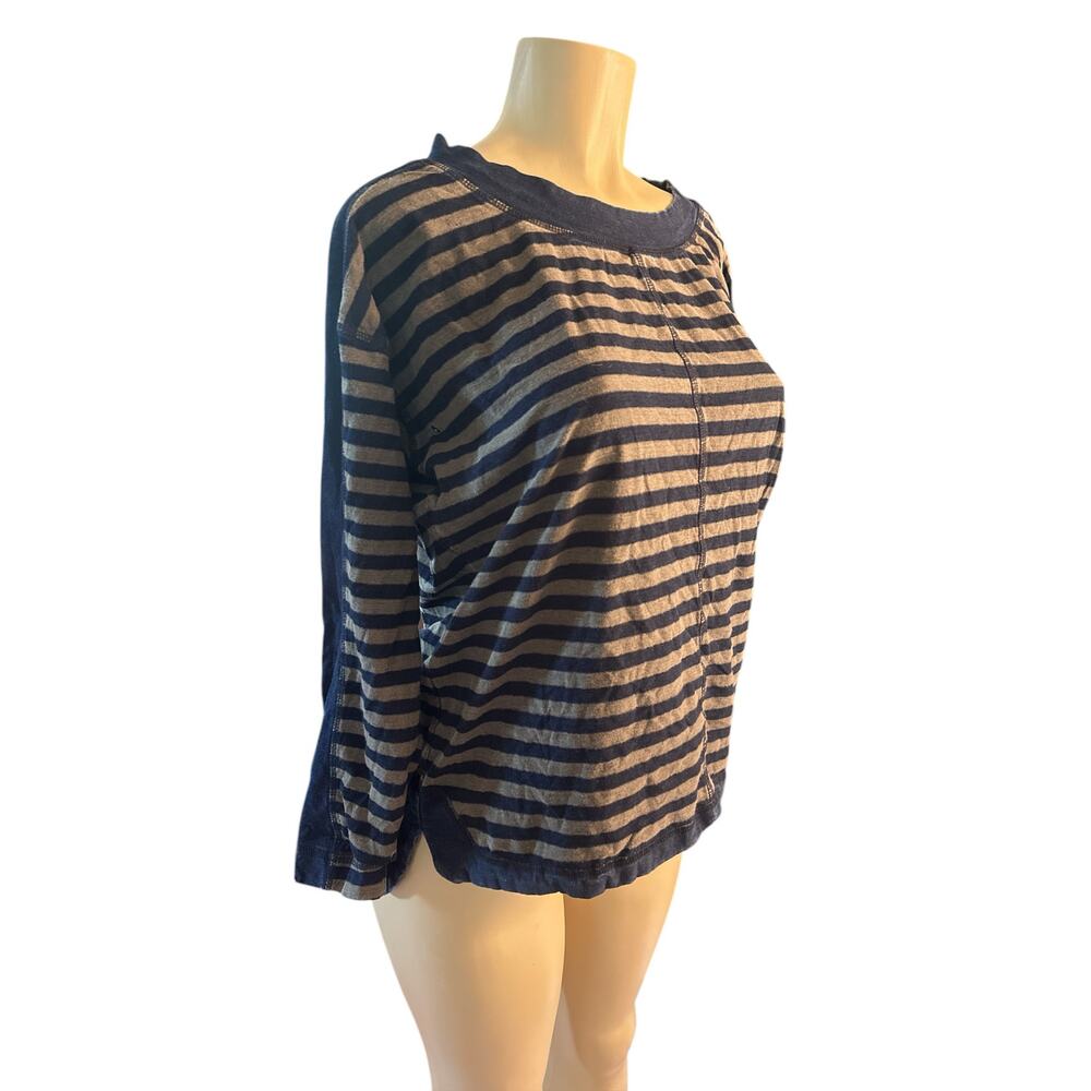 Women M Anthropologie Comme Toi Navy Gray Striped Tee Shirt Top Heavy Cotton